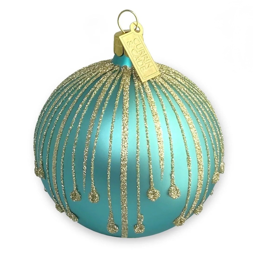 Currin & Cade Drips Aqua‎ Gold Christmas Ornament Hand Blown Made Czech Republic